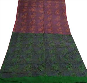 Beautiful green & pink colored printed pure silk saree