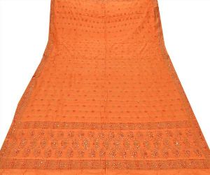 saffron colored pure silk hand embroidered woven long scarf/dupatta.