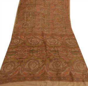 Sanskriti vintage 100% pure silk saree pale cream printed sari craft fabric
