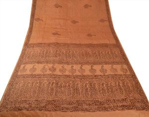 Vintage indian saree printed fabric pure silk sari soft craft 5 yard decor beige