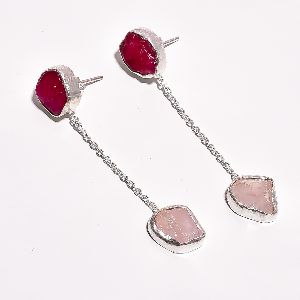 925 Sterling Silver Matt Finished Chain Style Natural Raw Corundum Ruby Rose Quartz Gemstone Dangle Earrings for Girls and Women's