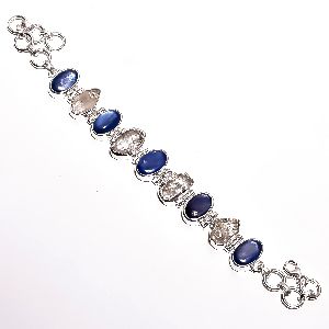 Herkimer Diamond Blue Kyanite Raw Gemstone Silver Bracelet