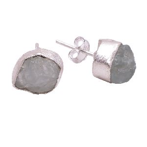 925 sterling silver matt finished handcrafted raw aquamarine gemstone stud earrings