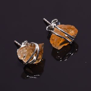 925 sterling silver raw citrine gemstone wire wrapped stud earrings