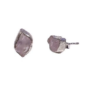 925 sterling silver matt finished handcrafted raw rose quartz gemstone stud earrings