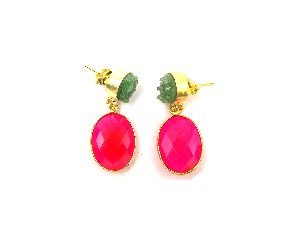 Hot Pink Chalcedony and Green Druzy Gemstone Handmade Stud Earring