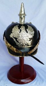 Brass Leather German Helmet with Wooden Stand Picklehaub Wearable Helmet