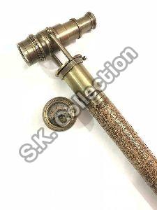 Handmade Brass Hidden Telescope Walking Stick Leather Engraved Canes w/Compass