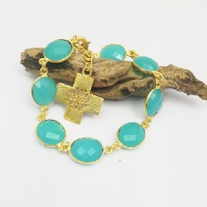 Aqua Green Chalcedony Gold Plated Bezel Bracelet