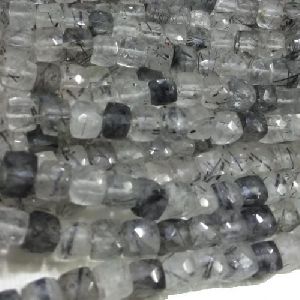 Black Rutile 6-7mm Faceted Square Bead 8 Inch Long Strand