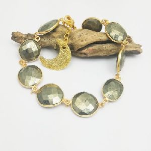 Gold Plated Pyrite Bezel Set Bracelet with Half Moon Charms