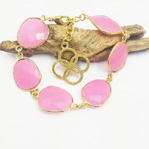 Gold Plated Rani Pink Chalcedony Bezel Set Bracelet