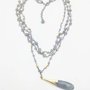 Gunmetal Plated Labradorite Bead Chain Necklace with Drop Pendant
