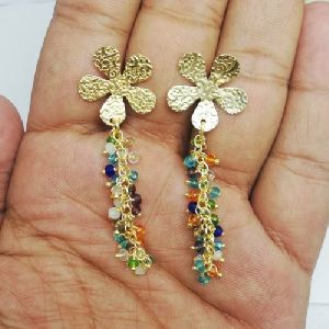 Multi Gemstone Gold Plated Flower Charm Long Drop Earring