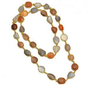 Multi Moonstone 24 Inch Long Bezel Connector Necklace