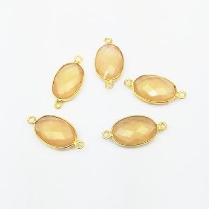 Peach Chalcedony Oval Gold Plated Bezel 2 Loop Connector