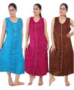 Wide Shoulder Strap Stonewashed Rayon Embroidered Dress