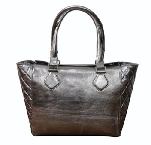 Silver Quilted Leather Tote Bag