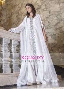 Moroccan Long Sleeve Wedding Caftan White Color With Lace Work