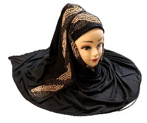 Black Color Pearl and Diamond Stone Work Hosiery Soft Cotton Hijab