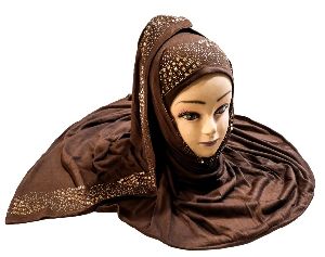 Brown Color Diamond Stone Work Hosiery Soft Cotton Hijab Scarf Dupatta