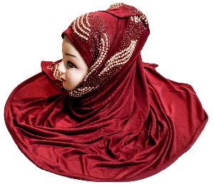 Maroon Color Pearl and Diamond Stone Work Hosiery Soft Cotton Hijab Scarf Dupatta