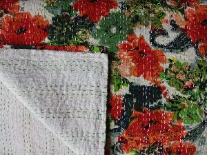 Floral Printed White Kantha Quilt