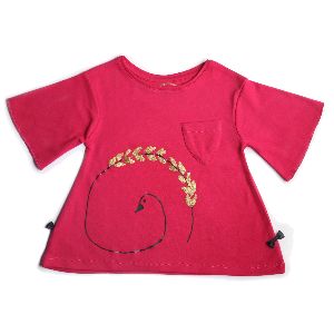 Girls NAVY BLUE TOP WITH GLITTER PRINTING AND CROCHET FLOWERS