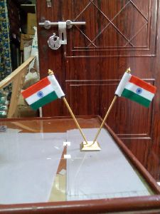 Brass Mini V Cross Stand Khadi Flag in Double Rod
