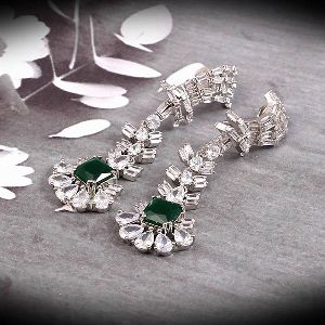 Beautiful White Cubic Zircon Studded Green Color Earrings