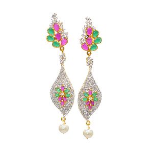 Color stone studded Earrings with White Plated For All Occasion