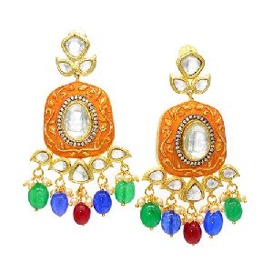 Enamel and Polki studded Earrings with Multi Color Drops