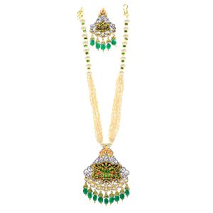 Green Pearl Drops String Necklace CZ Set with Earrings