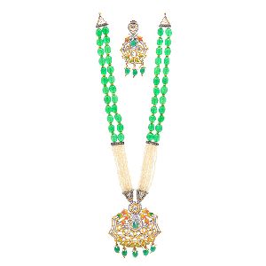 Pearl String Necklace Green Pearl Drops Set with Earrings