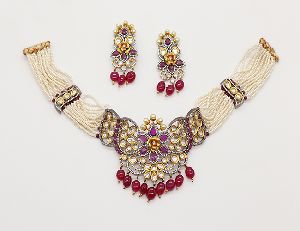 Ruby color White String Pendant Set With Earrings