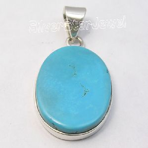 925 Silver Natural TURQUOISE FLAT STONE Pendant