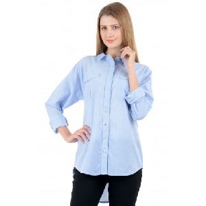 Women Solid Casual Denim Light Blue Shirt