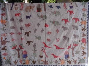 Patchwork Bedspread With Hand Embroidery, Kids Special Village Theme