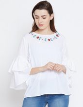 Neck Bell Sleeve White Crepe Top