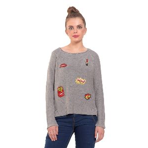 Grey high-low patches sweater for women