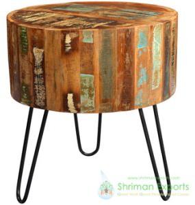 Round Reclaimed Teak Wood End Table with Hairpin Legs