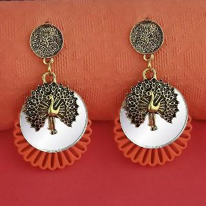 1315517D Tip Top Fashions Orange Wood Mirror Dangler Earrings