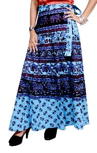 Boho Hippie Gypsy Batik Blue Cotton Wrap Around Long Skirt Dress