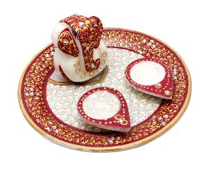 Decorative Pooja Thali Ganesha Artwork Printed in Marble, Indian Handicraft