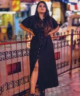 Buttoned Cold Shoulder Black Maxi Dress