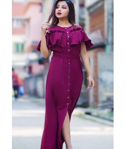 Ruffled Buttoned Cold Shoulder Maroon Maxi Dress