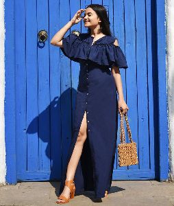 Ruffled Buttoned Cold Shoulder Navy Blue Maxi Dress