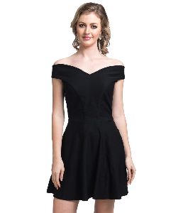 Solid Black Off Shoulder Stretchable Cotton Dress
