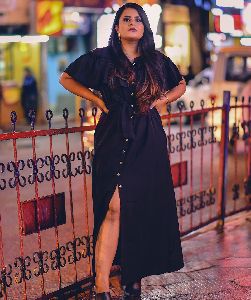 Uptownie Plus Ruffled Buttoned Cold Shoulder Black Maxi Dress
