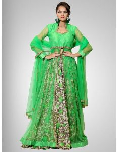 Green Silk Lehenga with Gown Design